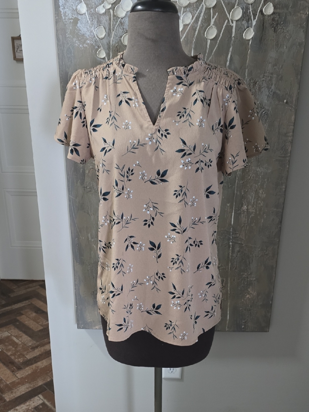 Maurices Tan Floral V‑Neck Flutter Sleeve Blouse